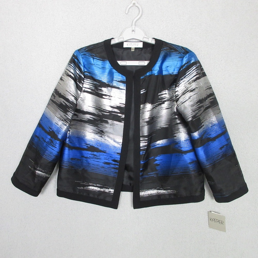 Kasper Womens Imperial Blue Multi Metallic Open Front Jacket Size 6 New